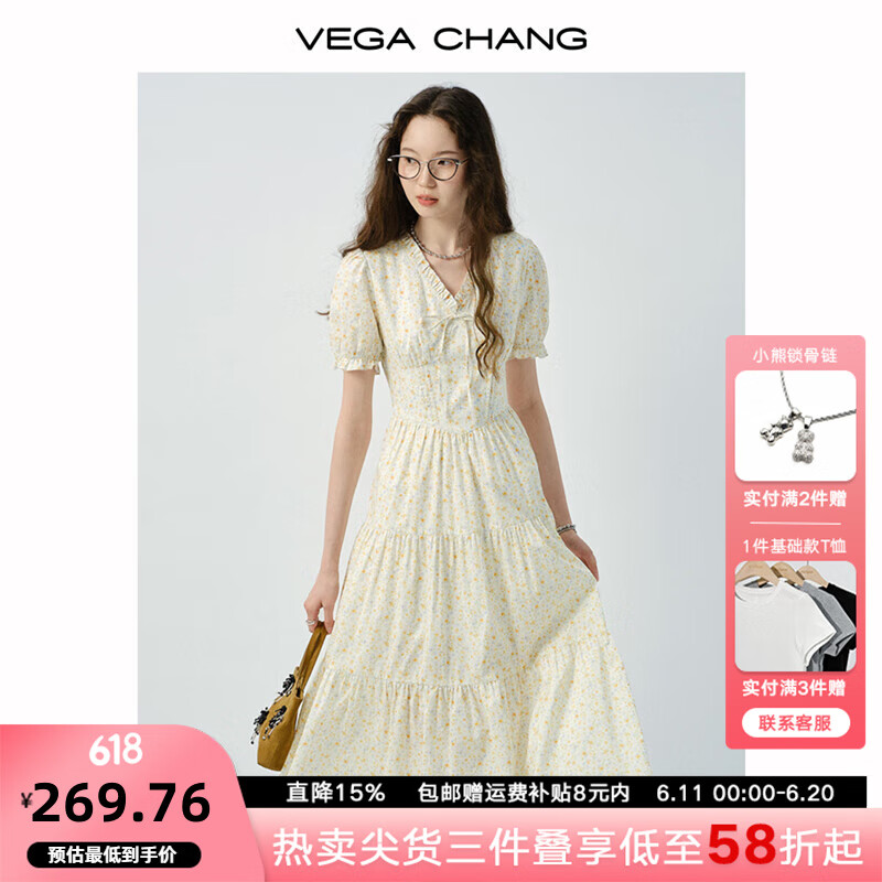 VEGA CHANG连衣裙女2025新款夏气质减龄法式碎花V领泡泡袖连衣裙 奶黄碎花（长款） M