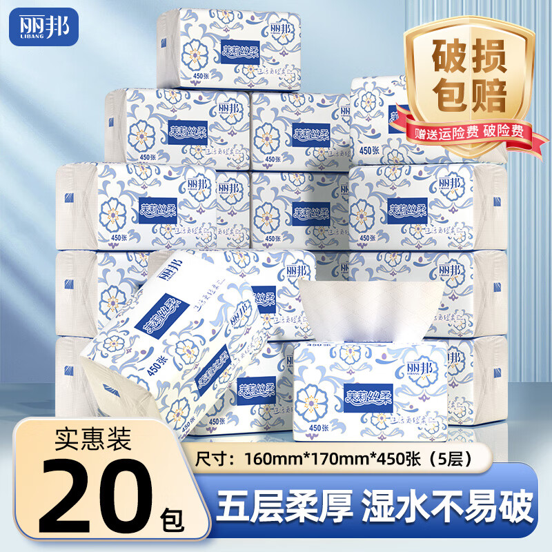 丽邦（Libang）大包抽纸加厚餐巾纸家用大号面巾纸母婴用纸整箱批发商超同款 5层 450张*20包 【L码囤货装】