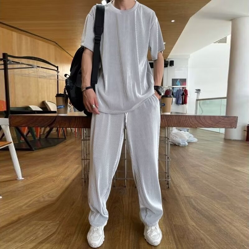 【优选好物】冰丝高级感运动套装男士夏季居家休闲长裤子短袖t恤 A13藏青色套装 M