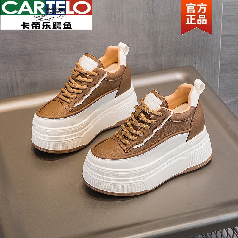 卡帝乐鳄鱼（CARTELO）真皮小码33内增高女鞋厚底小个子增高鞋女2026新款春秋松糕小白鞋 白 37