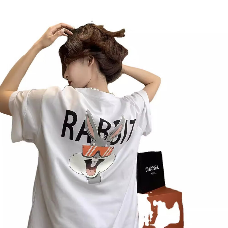 2025新款夏季宽松休闲大版印花百搭T恤女中长款遮臀失踪短袖上衣 黑色 L