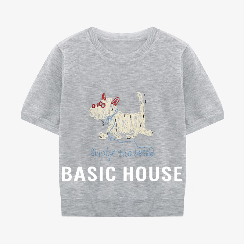 Basic House/百家好小狗刺绣薄款针织衫夏季新款减龄短袖圆领显瘦潮流上衣 灰色 L