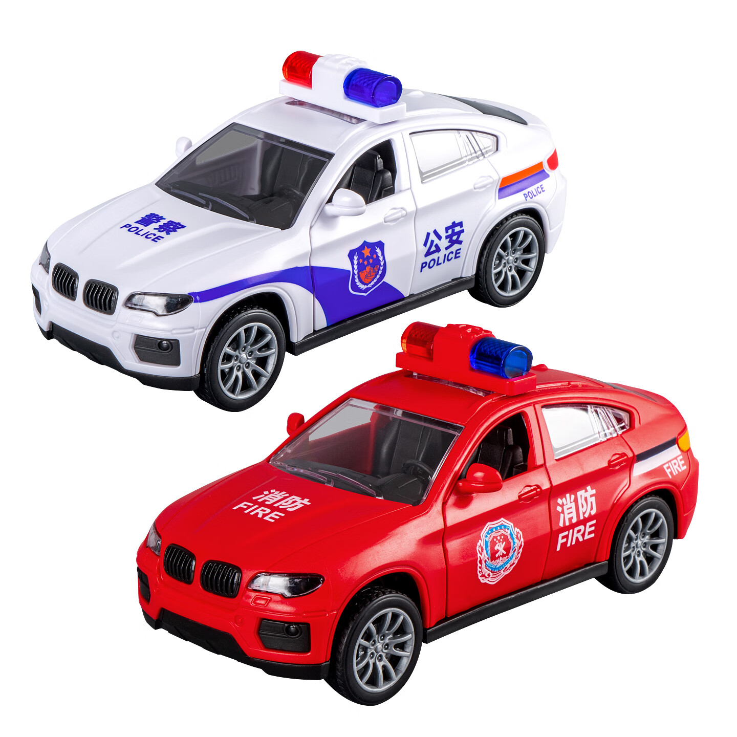 奇森新款仿真小汽车玩具模型收藏摆件可开门警车2025男孩子网红车模 白色公安车+红色消防车587-012