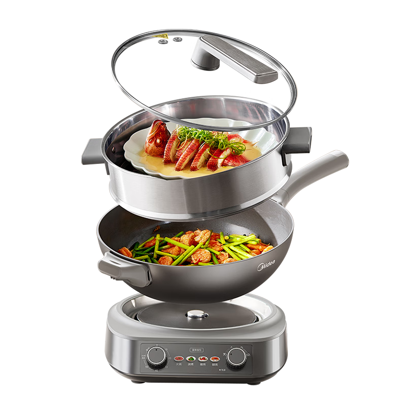 美的（Midea）钛陶电炒锅 电蒸锅宿舍煮锅炒菜专用分体式家用多功能一体电火锅煎锅5.5L多用途锅HCG3218S配蒸笼