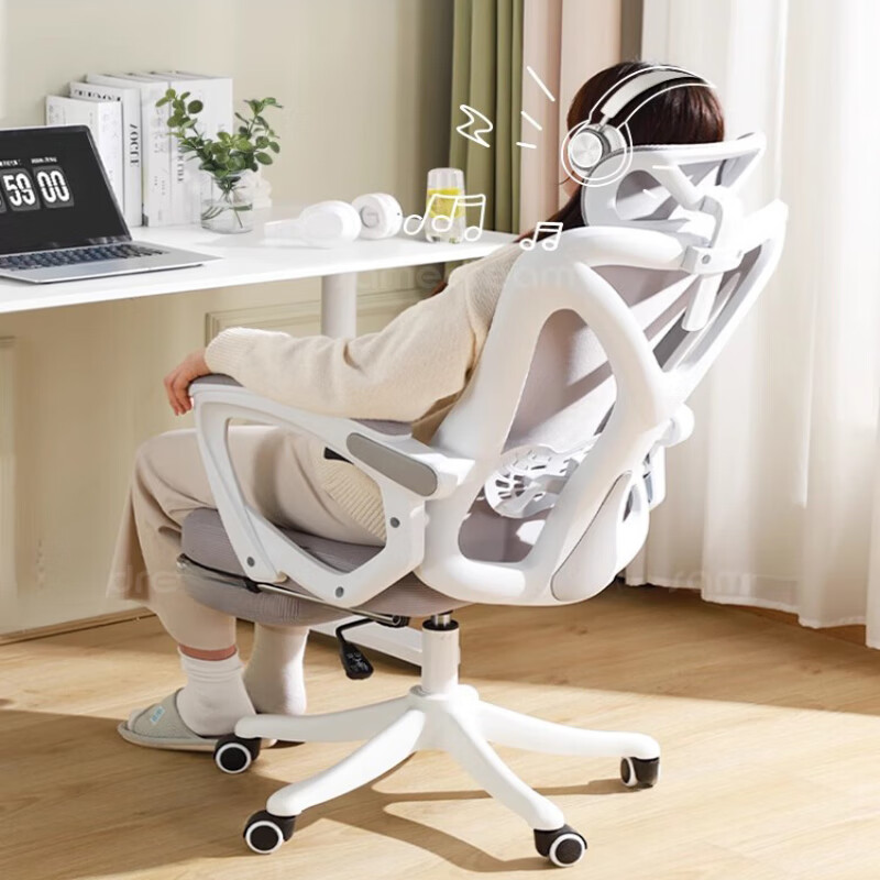 倘然之家电脑椅家用办公椅舒适久坐可躺电竞座椅升降书桌学习人体工学椅子 乳胶逍遥款白框黑网+逍遥+搁脚/头枕腰托可调/可躺 尼龙脚 联动可躺扶手