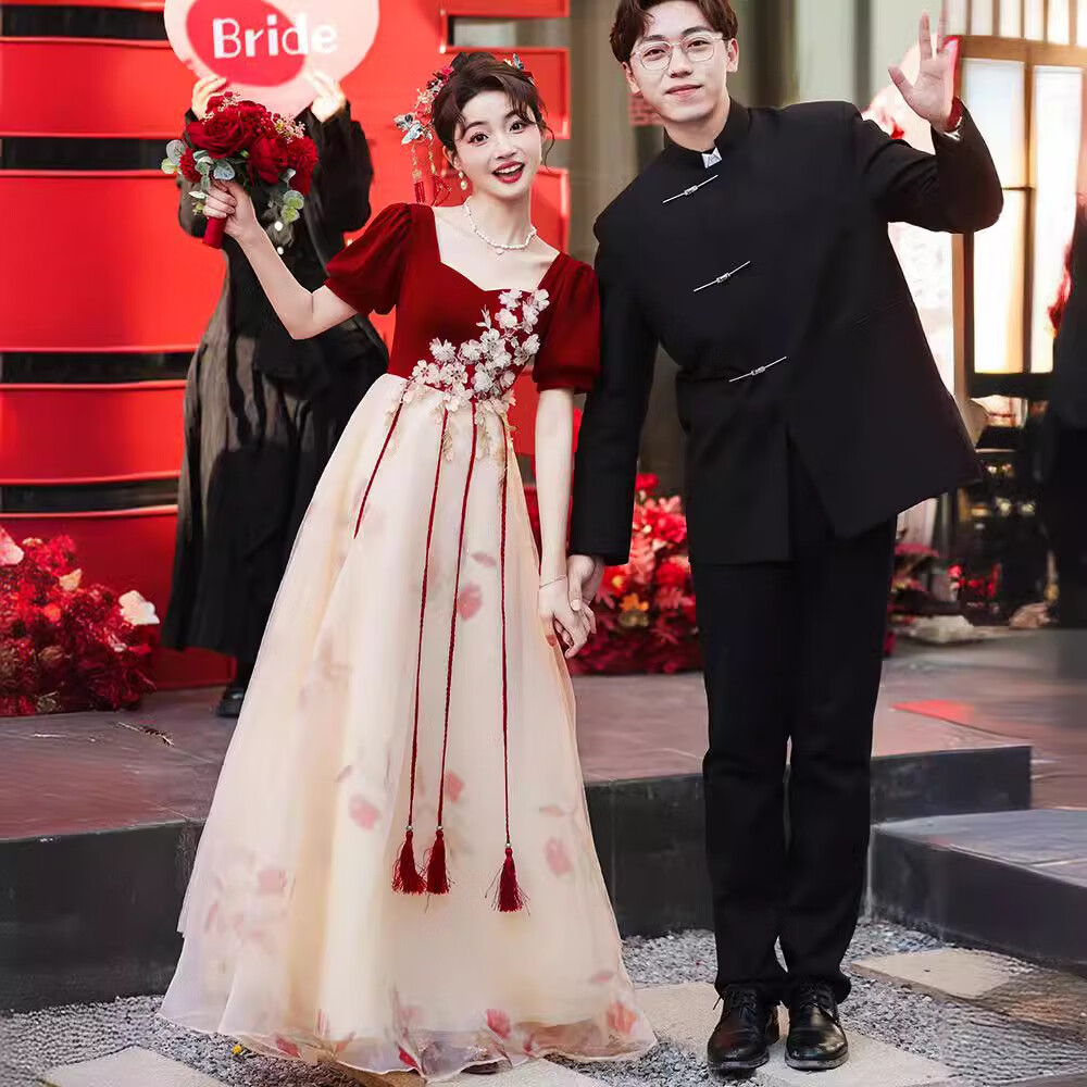 映雯大碼敬酒服新娘2024新款長袖法式訂婚結婚宴會長款氣質春夏禮服女 酒紅色長款短袖 M