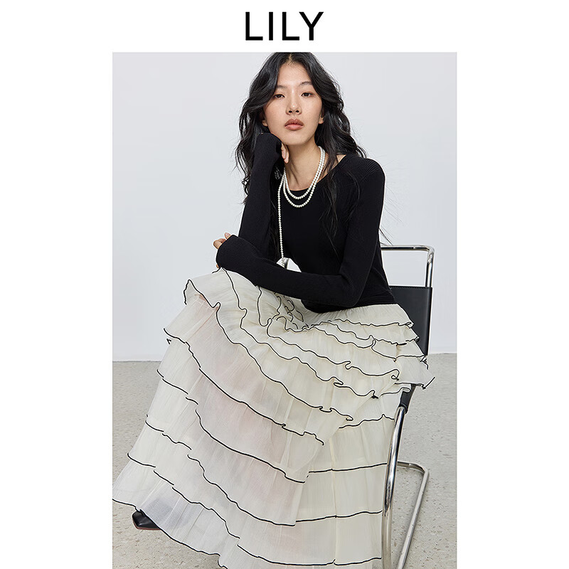 LILY2025秋新款含莱赛尔醋酸法式修身连衣裙气质通勤纱裙蛋糕裙女 604米白 M