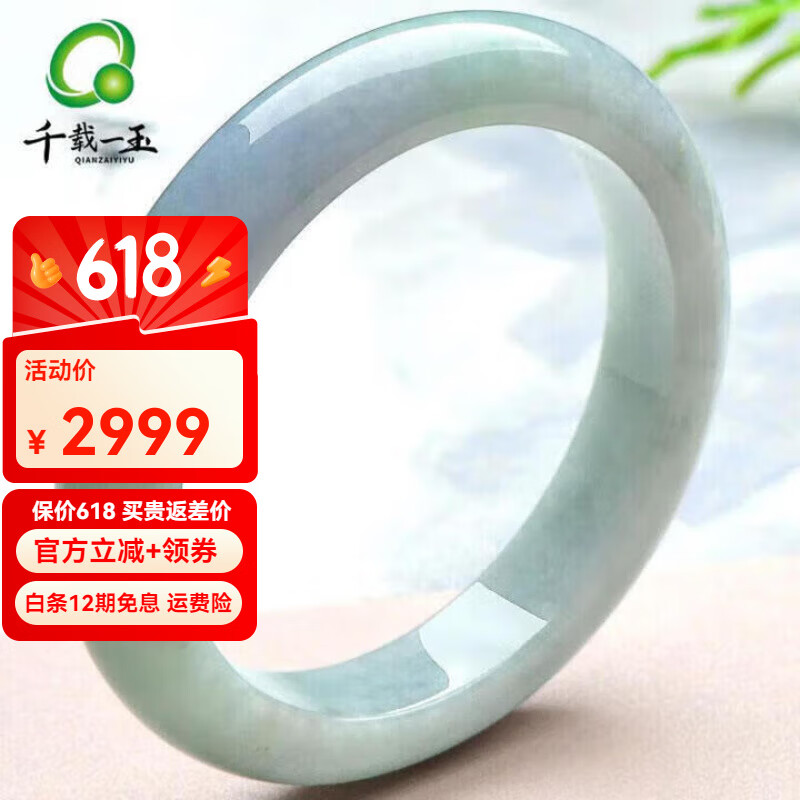 千載一玉保價618 【孤品】翡翠手鐲 女士飄花玉石手鐲 珠寶玉器玉鐲子 淡綠款約57毫米 QZC7873