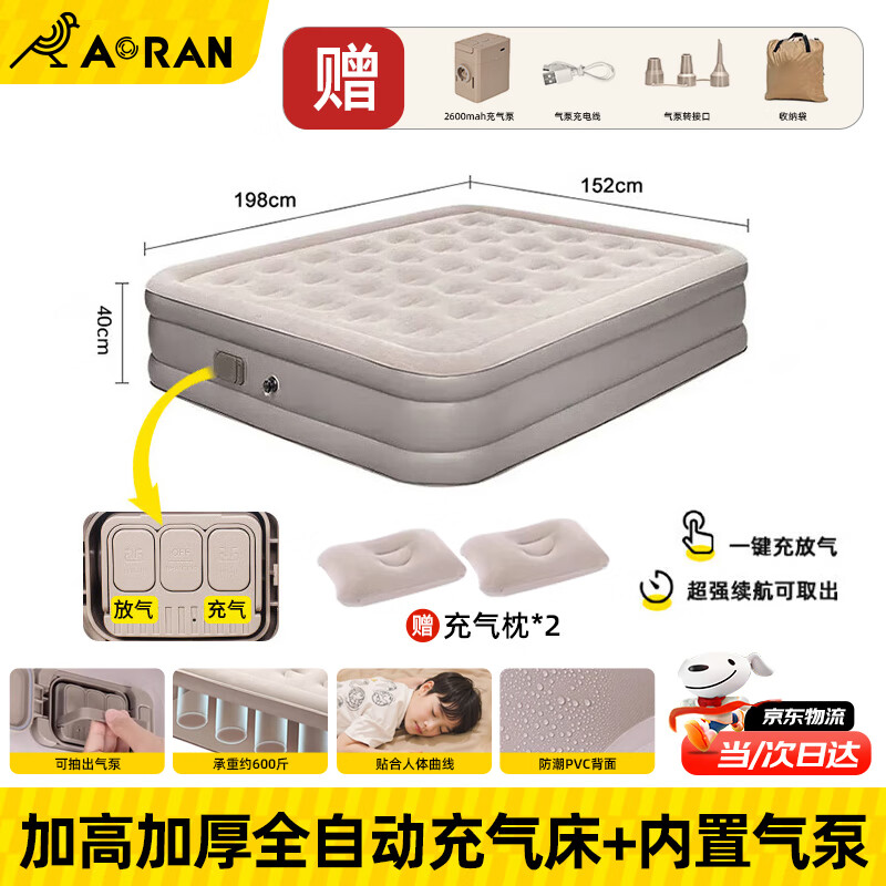 Aoran全自动充气床垫户外露营防潮垫陪护打地铺加厚气垫床便携带气泵 【双人加高】加厚全自动+气泵