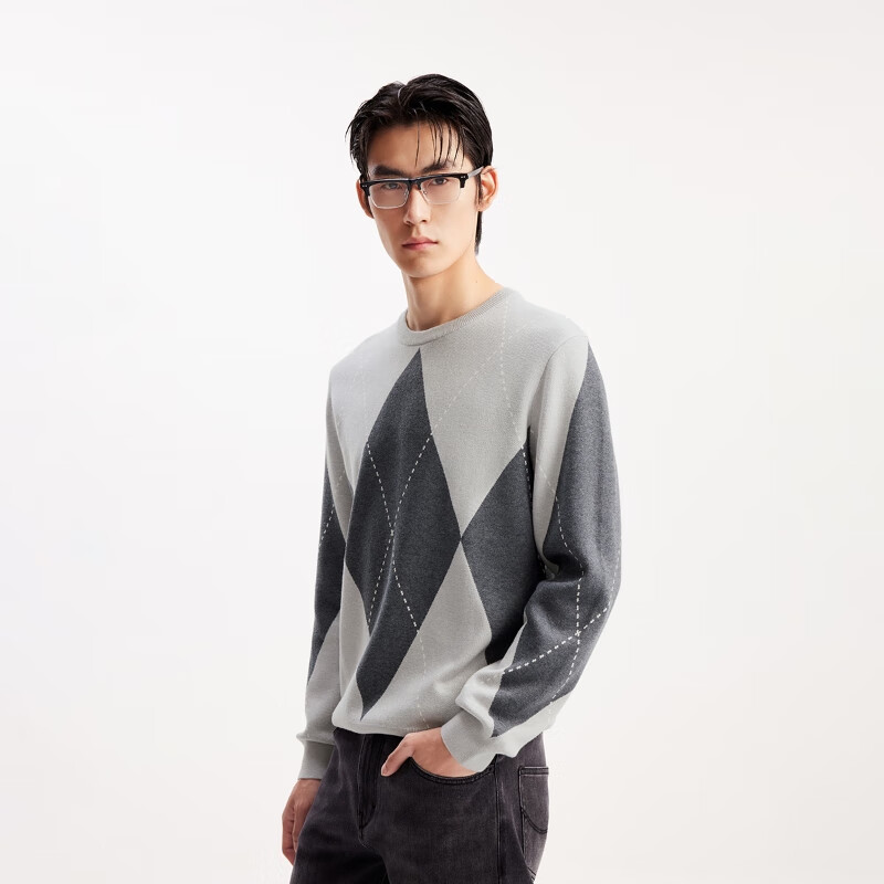 杰克·琼斯(JACK&JONES)男装25年秋冬季针织衫男士薄款毛衣菱形格纹长袖圆领套头打底衫 G41浅花灰色 XL (185)