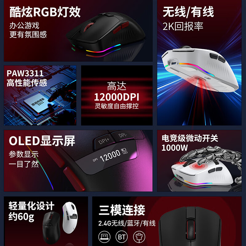 宏碁（acer）暗影骑士三模无线双8K游戏鼠标轻量化办公电竞 7键可自定义3395高端引擎人体工学鼠标8K接收器 白色(3311-双2K带接收器)
