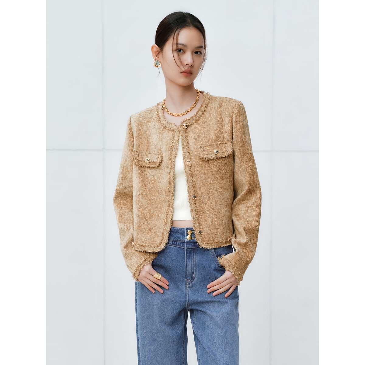 太平鸟秋冬外套集合链接新款女装小香风机车服PU外套冬装夹克 便服棕色 S