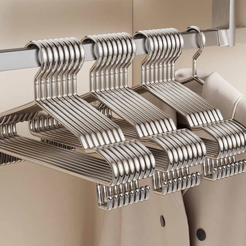 洁百纳不锈钢衣架家用无痕挂衣架子晾衣撑加粗加厚衣撑子晒衣挂衣服挂钩 45cm成人通用款带钩【特粗款】 10个装