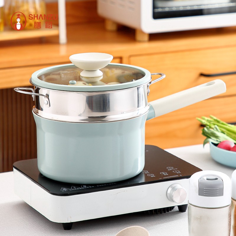 膳祖不粘小奶锅陶瓷一人泡面宝宝辅食锅蒸笼婴儿煎煮一体专用搪瓷微压 单个+蒸格