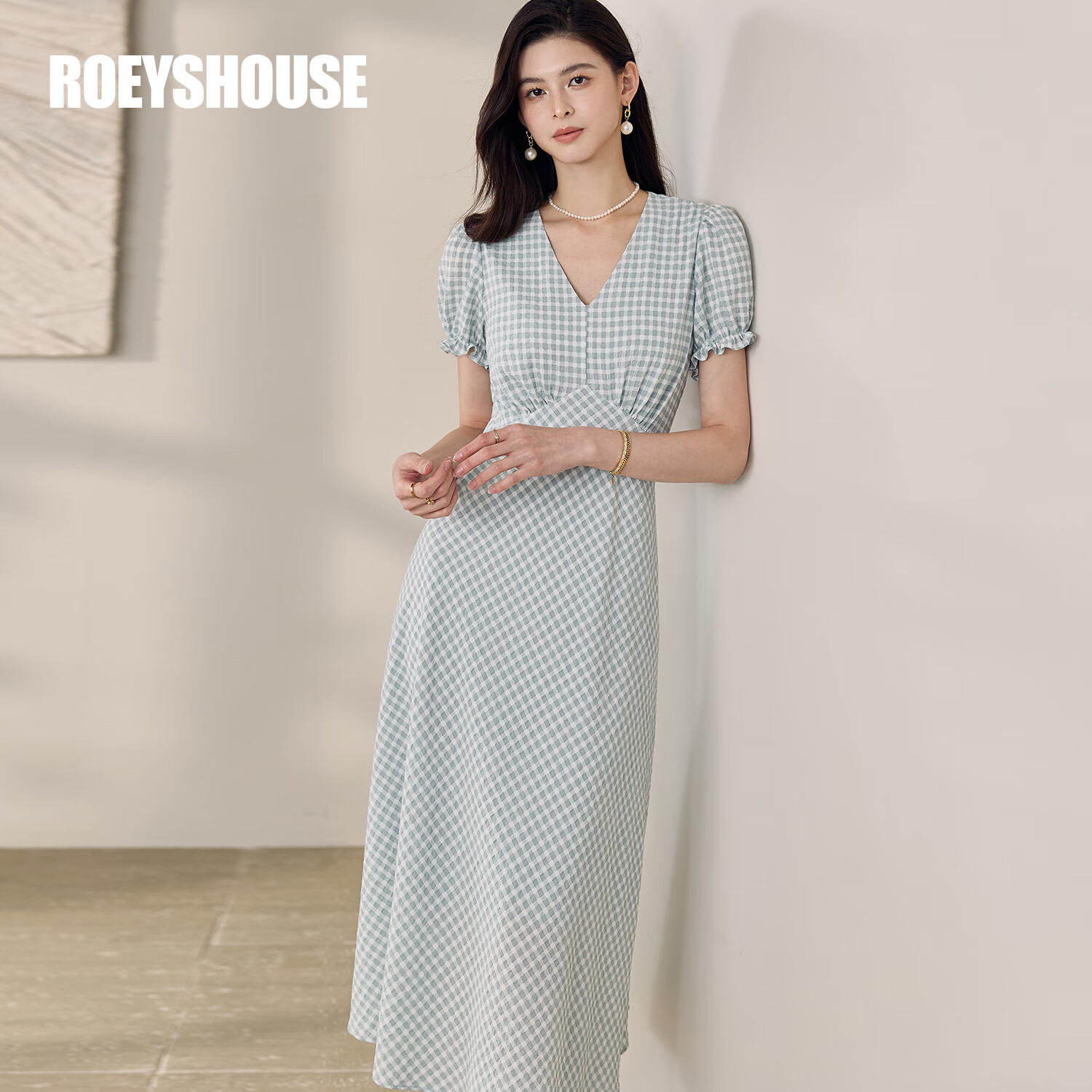 ROEYSHOUSE罗衣气质灯笼袖V领连衣裙女2025夏季新款格子收腰大摆中长裙12182 格子 L