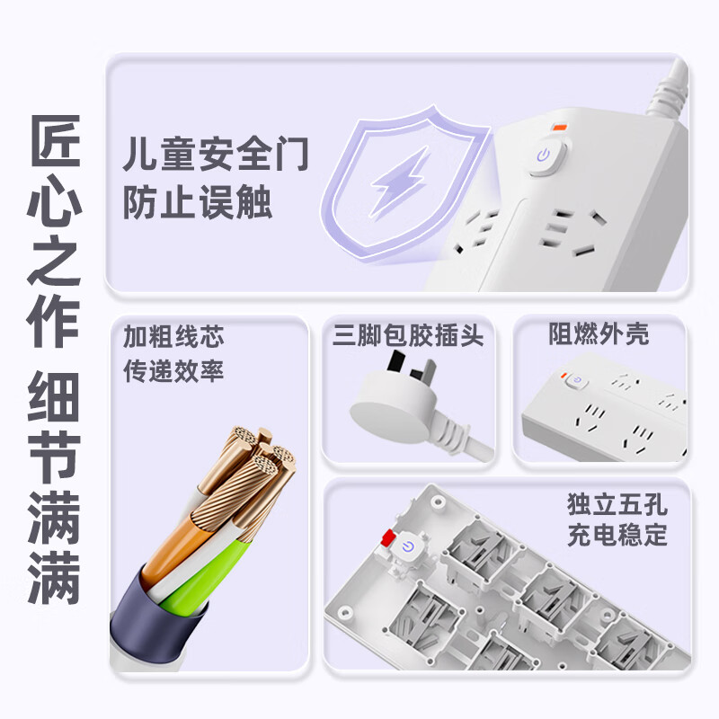 公正午斜面梯形插排插线板20W快充接线板电源多孔位扩展器多功能USB多功能插座铜芯防雷 6位插孔（0.2米）