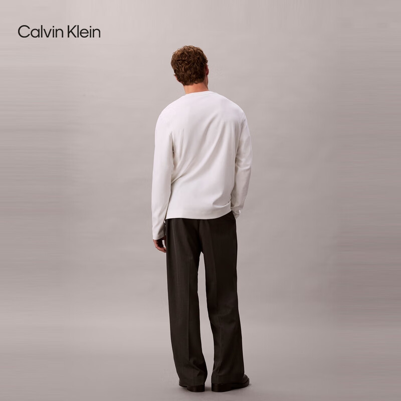 Calvin KleinJeans25秋季新款男士休闲通勤ck刺绣纯棉圆领打底衫长袖上衣T恤 YAF-牛乳白 2XL