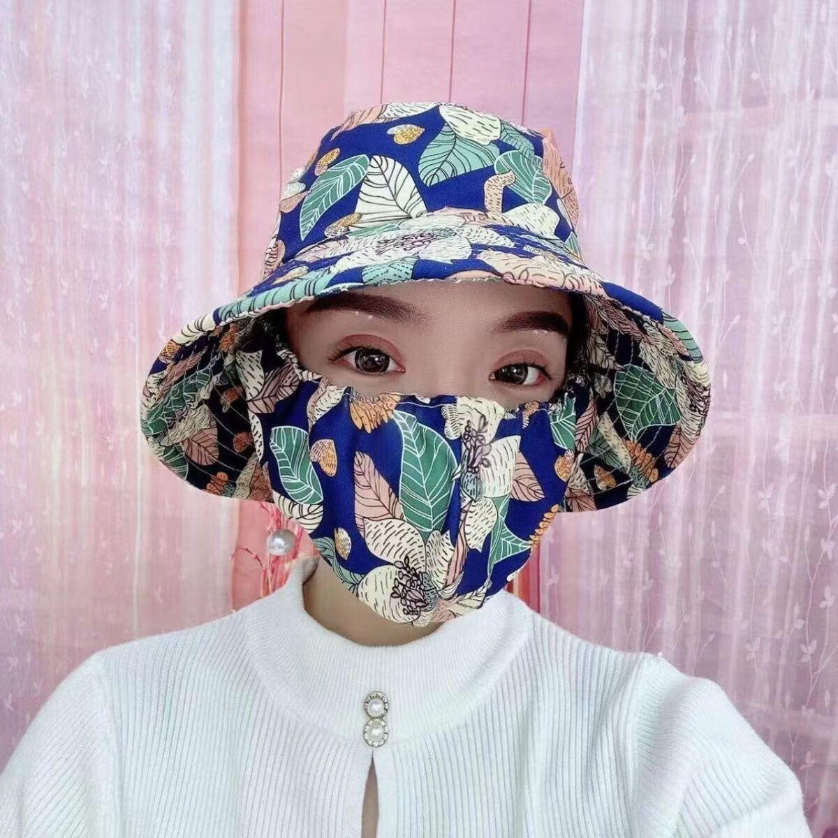 农用新款帽子口罩一体防晒夏季干活款披肩遮阳帽骑行护采茶帽面纱 加大帽檐【蓝色大花】透气防晒 无规格