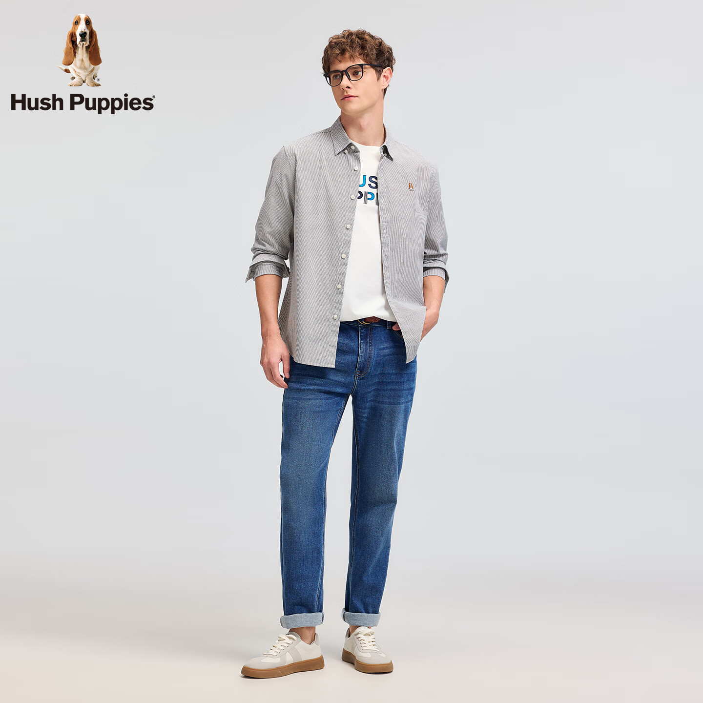 暇步士(Hush Puppies)【经典全棉】男装2025秋季简约基础款全棉细条纹长袖衬衫 墨蓝色 L