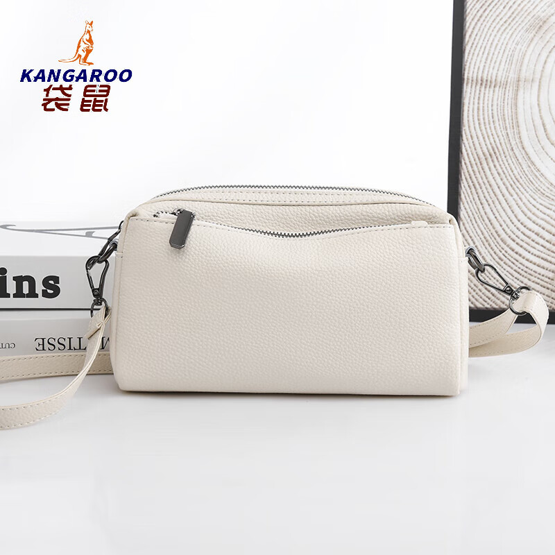 袋鼠(KANGAROO)真皮斜挎包女小包2025新款时尚单肩小包百搭大容量软皮女包小方包 白色