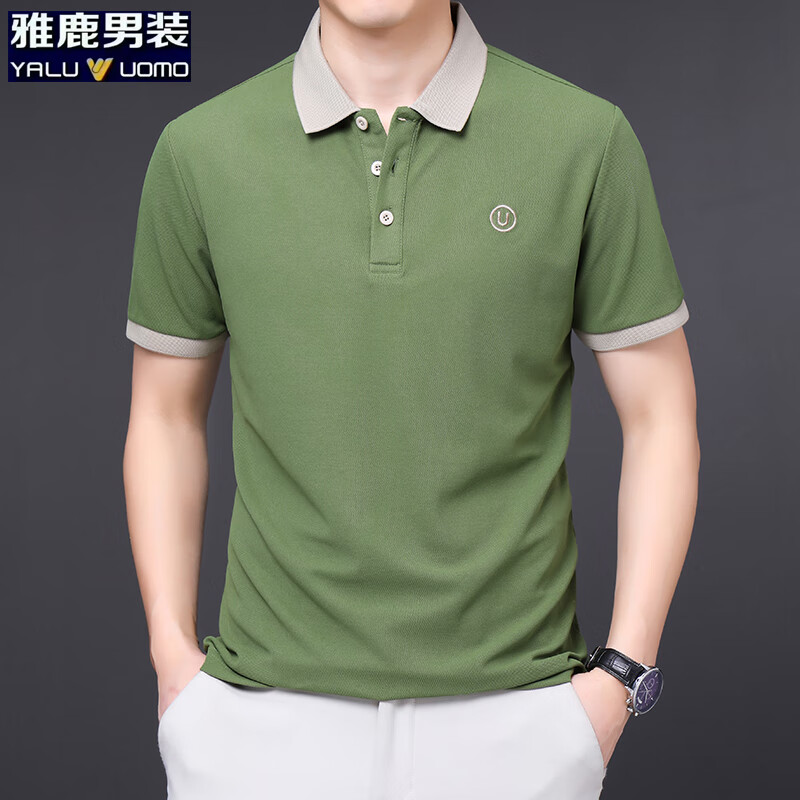 雅鹿男装刺绣短袖t恤男2025夏季新款翻领商务休闲纯色冰丝潮流上衣 绿色-205 4XL (190)（建议185-200