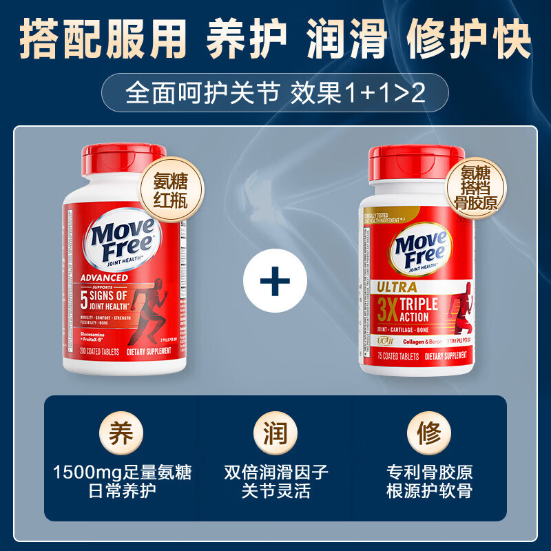 益节（Move Free）红瓶维骨力氨糖软骨素钙片中老年成人氨基葡萄糖补钙护关节保健品 【日常养护】红瓶氨糖 80粒*1瓶