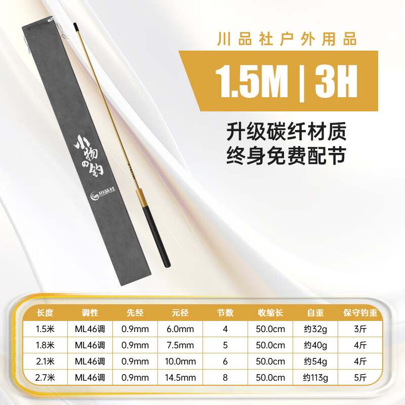 川品社小物釣魚竿套裝微物鳑鲏手竿 短節(jié)溪流竿3.6米鯽魚木柄小魚竿全套 1.5m 金色單竿 輕盈手感