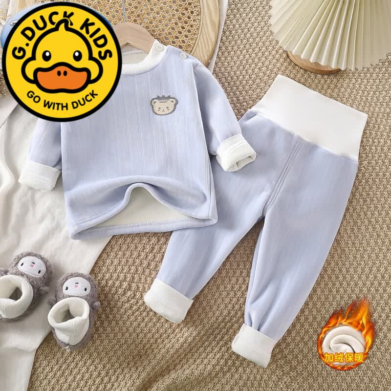 G.duck儿童秋衣秋裤加绒加厚保暖内衣套装宝宝秋冬衣服男女童高腰护肚婴 双面加绒-浅蓝色 100cm