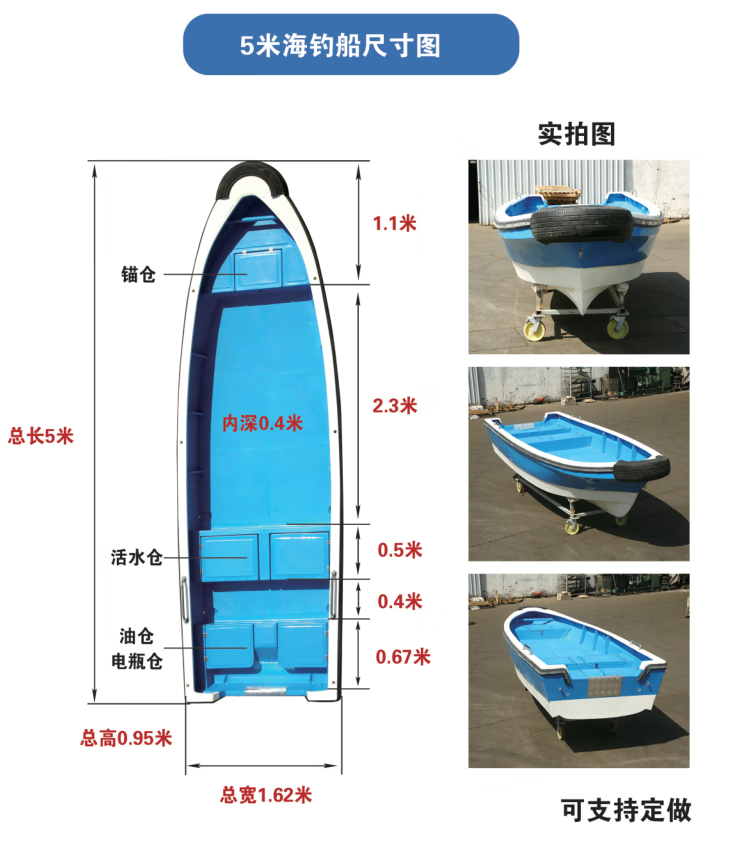 東巧4.5米6.3米玻璃鋼快艇游艇釣魚艇海釣捕魚船漁船可配船外機(jī)掛 5.0米玻璃鋼船（雙層）