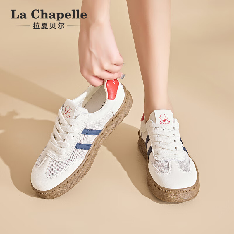 拉夏贝尔女鞋徳训鞋女网面透气小白鞋低帮厚底轻便简约休闲徳训鞋子女 蓝红 37