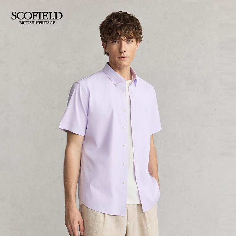 Scofield男士25年夏季新款纯棉商务休闲短袖时尚百搭通勤纯色衬衫 浅紫色 常规 L (175)
