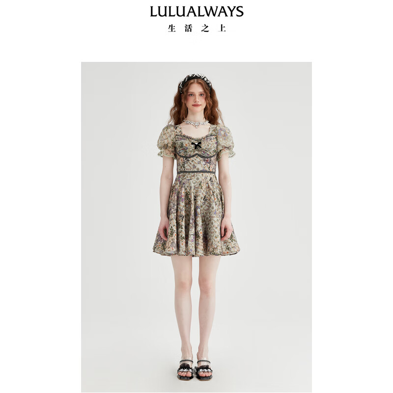 LULUALWAYS我爱露露25夏季新款法式宫廷收腰显瘦雪纺提花蕾丝连衣裙女礼服 绿色 M