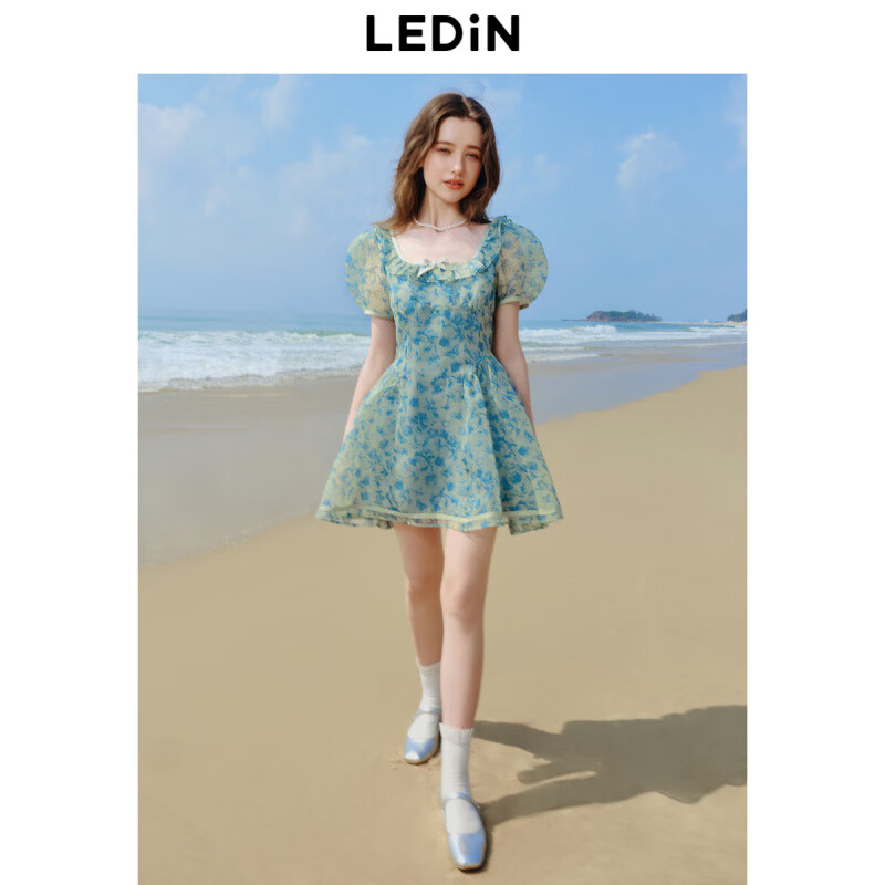 樂町流光裙花邊領(lǐng)泡泡袖網(wǎng)紗裙年夏季新款復(fù)古藍碎花蓬蓬裙 碎花裙() 160 XS