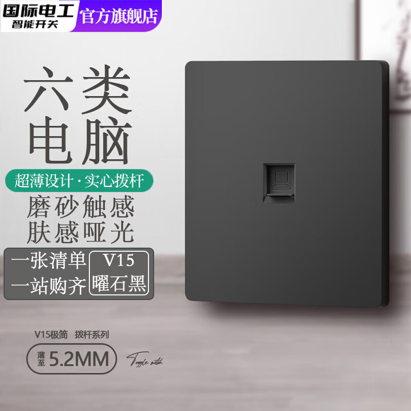 国际电工86型黑色复古工业风超薄拨杆开关面板家用墙壁一开带五孔插座 六类电脑