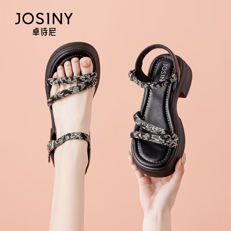 卓詩(shī)尼厚底涼鞋女款粗跟2025夏季新款新中式沙灘鞋一字帶露趾女鞋 黑色 35