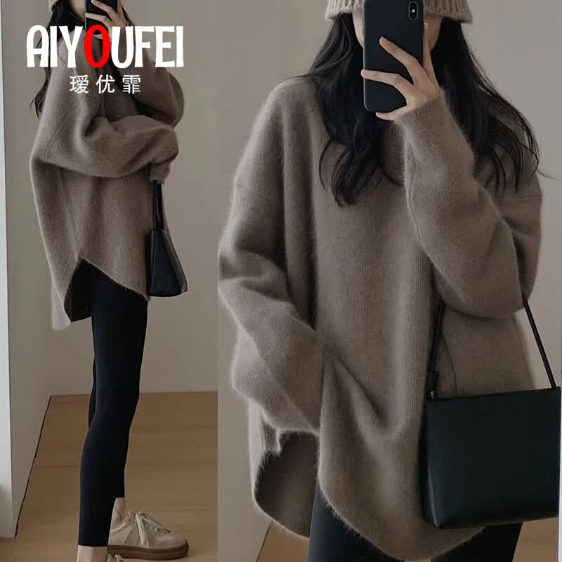 瑷优霏(aiyoufei)中长款毛衣女秋冬新款慵懒复古风宽松套头加厚外穿针织衫打底上衣 深卡 2XL (建议125-135斤左右)
