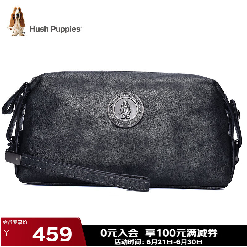 暇步士（Hush Puppies） 手拿包包头层牛皮大容量休闲商务男包银灰色送男朋友生日礼物