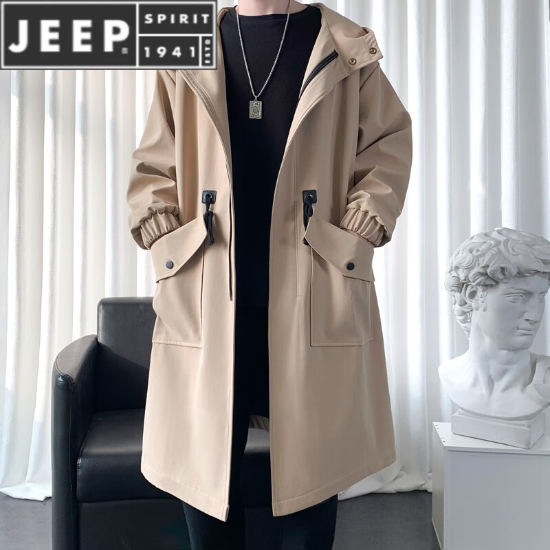 JEEP SPIRIT风衣男生春秋季中长款宽松大码连帽秋冬款加绒加厚过膝大衣外套男 卡其色 994-春秋 L 120-150斤