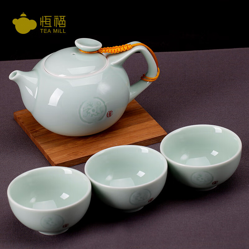 恒福茶具功夫茶具套裝龍泉青瓷一壺三杯越窯古意趣小茶壺組 越窯古意趣小茶壺組 4件