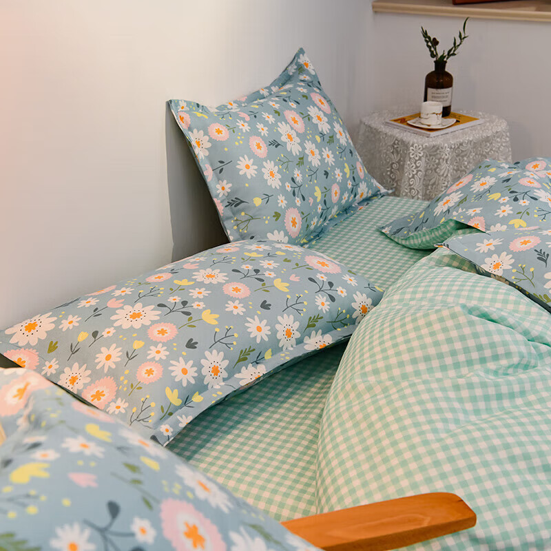 软贝 小清新四件套 透气亲肤 印花卡通简约田园套件被套床单床上用品 朵朵情怀-绿 2.0m 床单款 四件套(被套200*230cm)