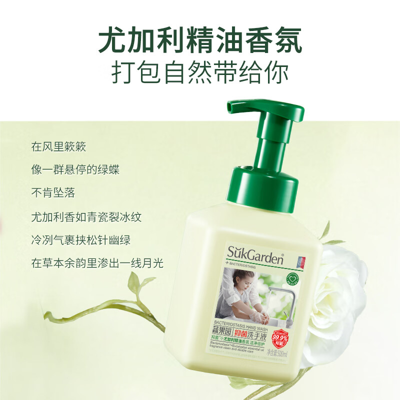 蔬果园泡沫洗手液 泡泡洗手液抑菌杀菌护手滋润玫瑰香氛 儿童大人通用 【尤加利香】抑菌洗手液500ml*3