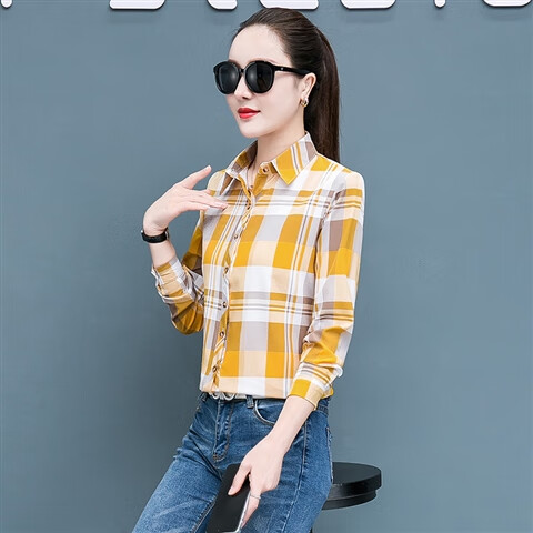 潮秋款格子衬衫女2021新款微弹韩版百搭女上衣宽松复古港味 5439浅黄 M