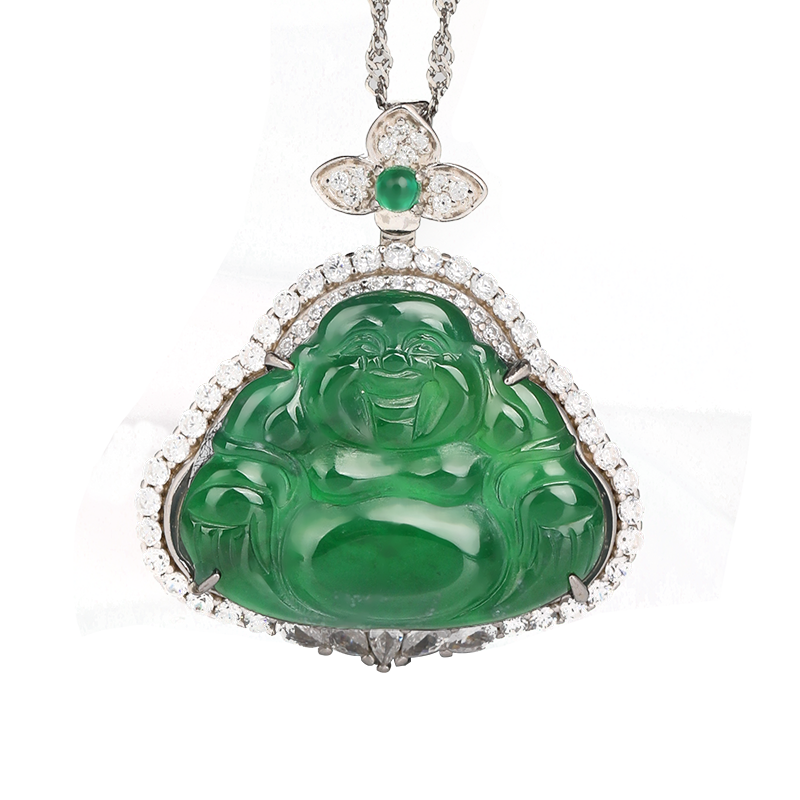祥禎福珠寶（XIANGZHENFU JEWELRY）925鑲嵌滿綠翡翠吊墜玉佛掛件女款笑佛掛墜送女友送長輩