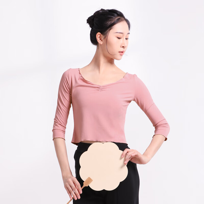 三沙（Sansha）七分袖現代舞服女V領(lǐng)舞蹈上衣中國風(fēng)練功服生日禮物 皮粉色 S