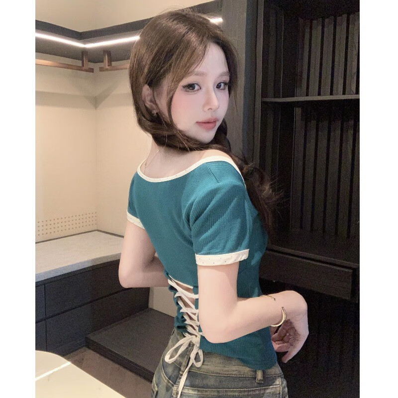 朦朧杏爵士舞露背短款上衣2025夏季純的欲后背綁帶小心機(jī)正肩短袖T恤撞 藍(lán)綠色【商場(chǎng)】 S