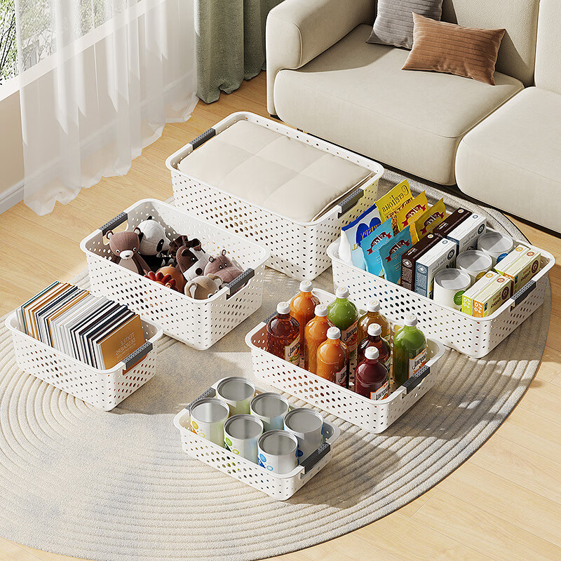 稻草熊桌面收纳盒零食玩具整理盒塑料储物篮宿舍杂物收纳神器厨房收纳框 象牙白-大号【三个装】