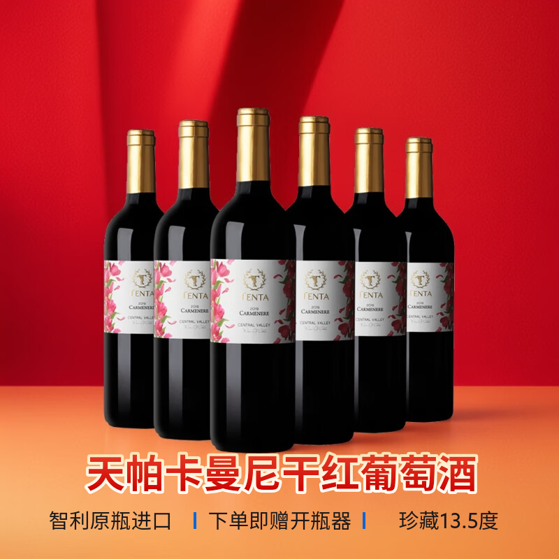 天帕（TENTA）智利中央山谷原瓶进口红酒天帕卡曼妮干红葡萄酒13.5度750ml 【赠海马刀、礼袋】整箱6瓶