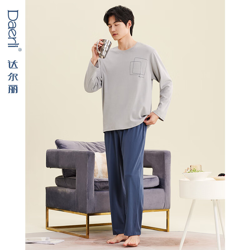 达尔丽睡衣男春秋款纯棉圆领长袖长裤简约男士家居服套装秋季薄款可外穿 T9245245-022-中蓝 L