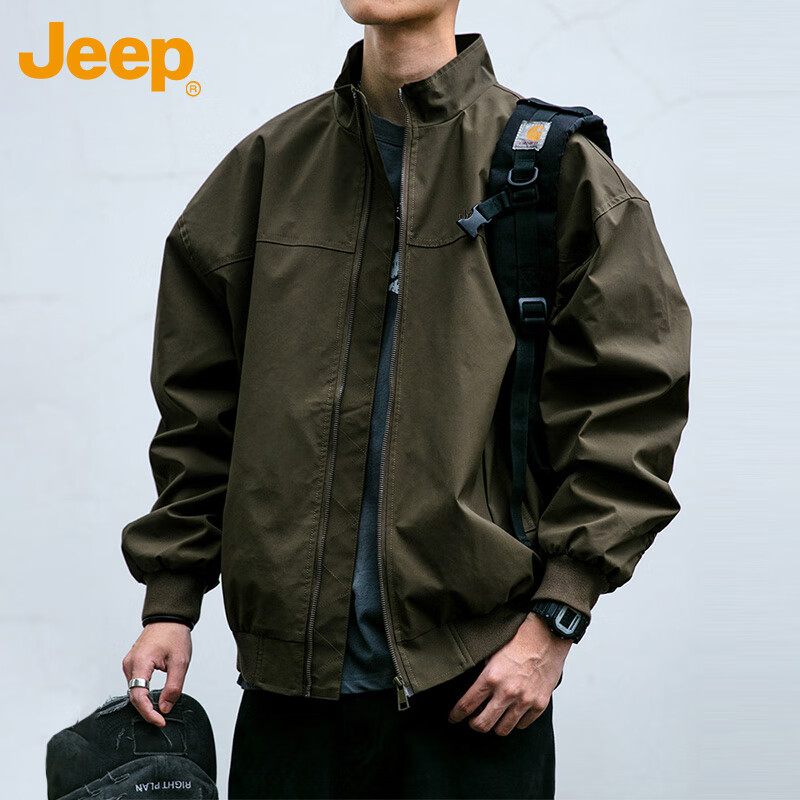 吉普（JEEP）夹克男士外套春秋季立领薄款行政休闲宽松美式衣服男装 军绿 XL