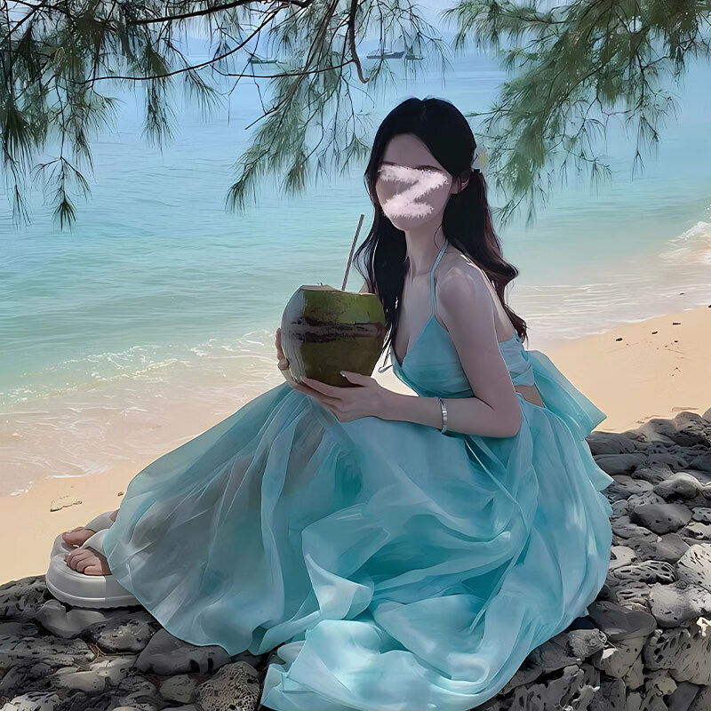 心楠連衣裙女2025新款連衣裙度假氛圍感沙灘裙掛脖吊帶裙仙女大擺裙 露背吊帶連衣裙M【80-115斤】】